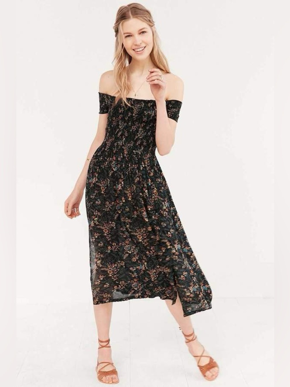 Anthropologie Kimchi Blue Black Floral Print Off Shoulder Midi Dress Size Large